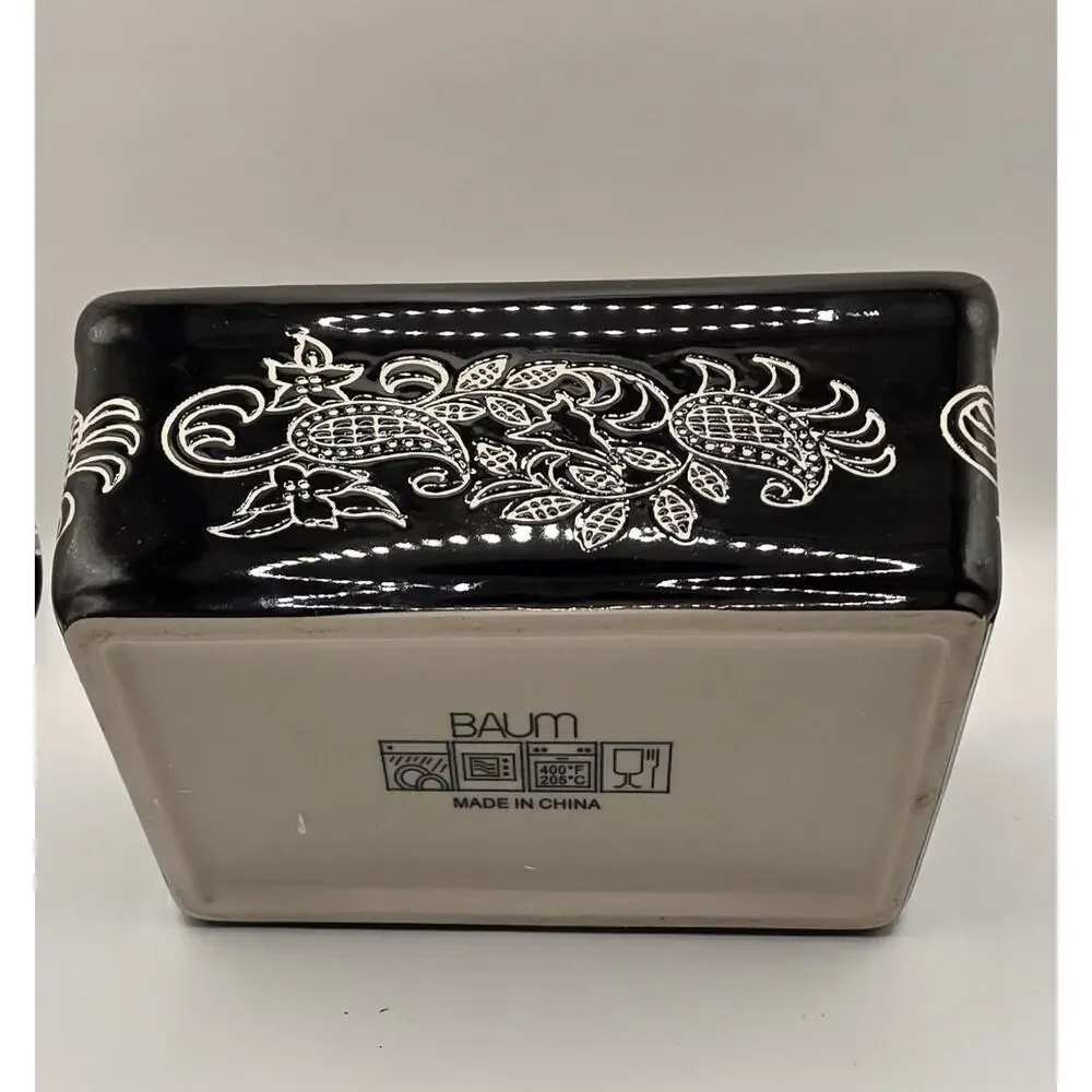 Baum Stoneware Oven To Table Black And White Paisley Bread Pan 6.5” x 4.25” X 3”